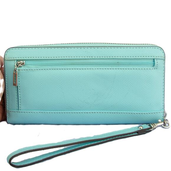 GUESS Katey Large Zip Around Wristlet Wallet Robin Egg Blue Faux Leather - Picture 2 of 7